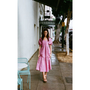 V-Neck Tiered Midi Dress Raglan Short Sleeves Side Pockets Hibiscus S